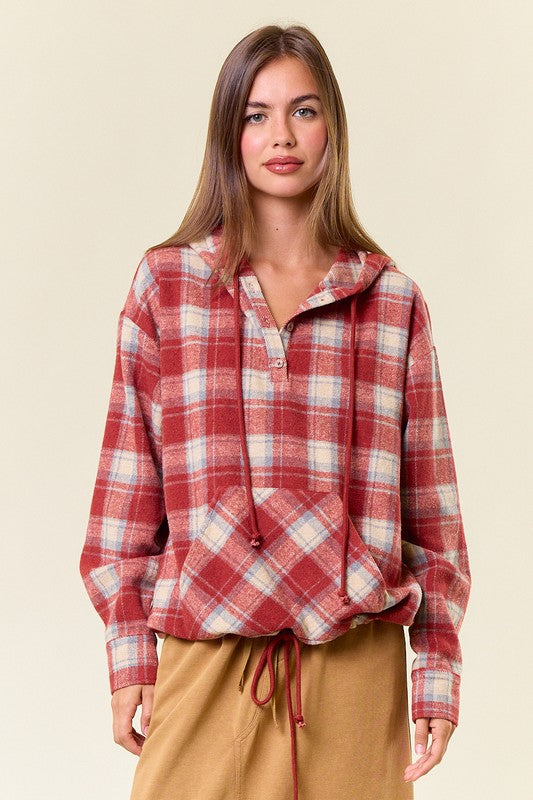 Flannel Red Plaid Pullover Hoodie W/ Kangaroo Pocket