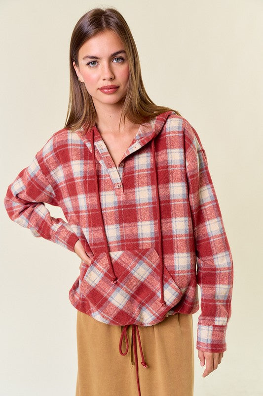 Flannel Red Plaid Pullover Hoodie W/ Kangaroo Pocket