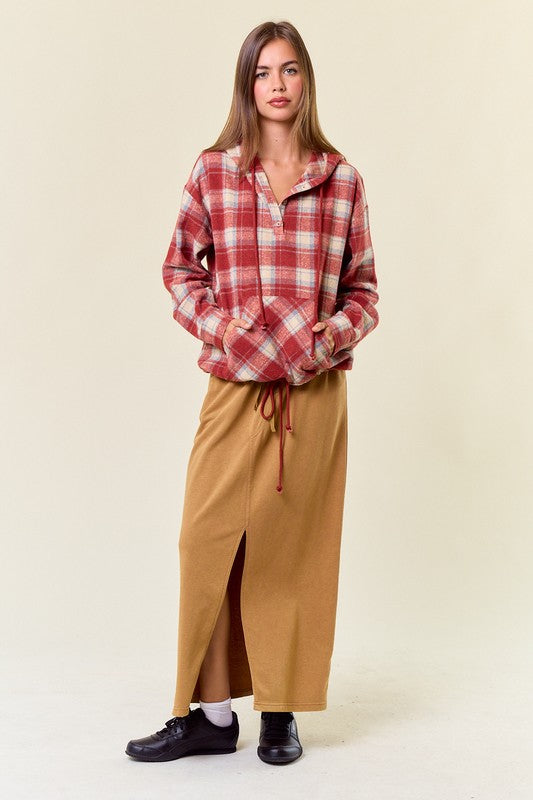 Flannel Red Plaid Pullover Hoodie W/ Kangaroo Pocket