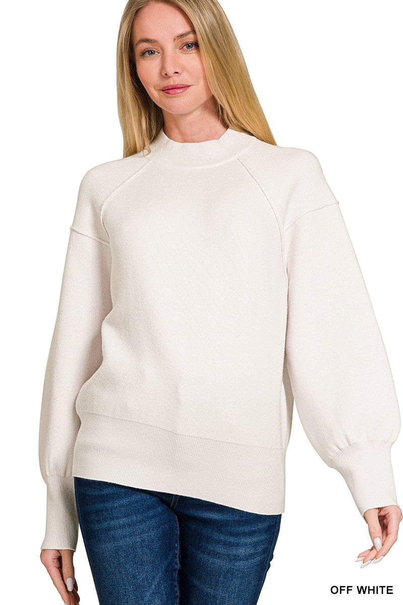 Viscose White Mock Neck Exposed Seam Sweater