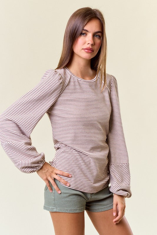 Brown Round Neck Bubble Long Sleeve Striped Top