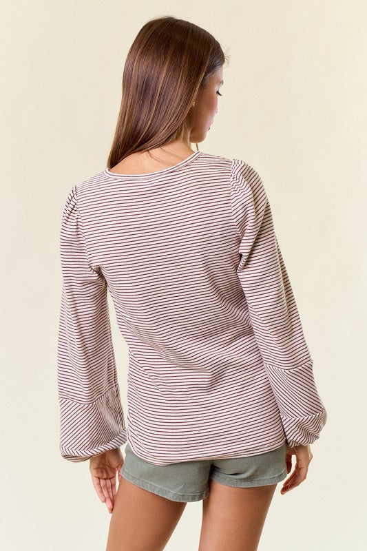 Brown Round Neck Bubble Long Sleeve Striped Top