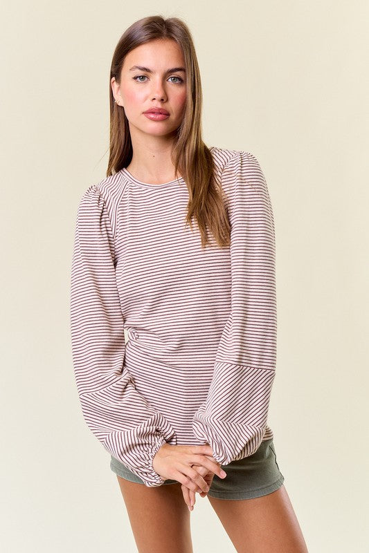 Brown Round Neck Bubble Long Sleeve Striped Top