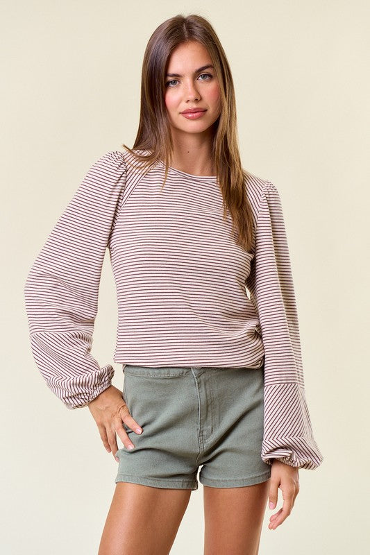 Brown Round Neck Bubble Long Sleeve Striped Top