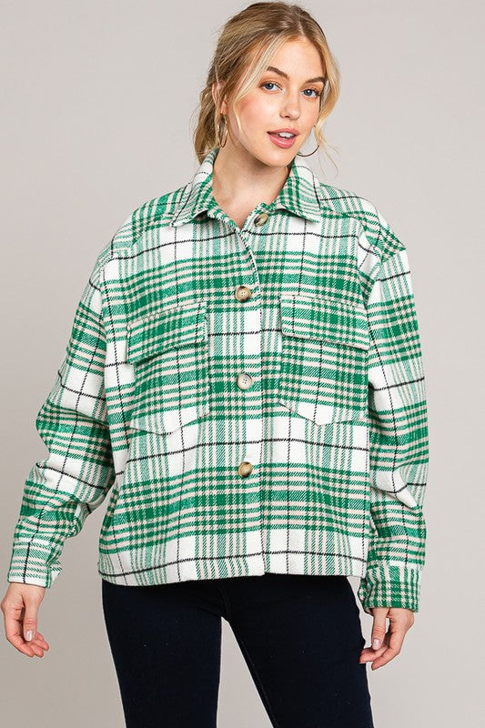PINK FRIDAY Green Flannel Plaid Brush Shacket