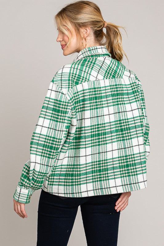 PINK FRIDAY Green Flannel Plaid Brush Shacket