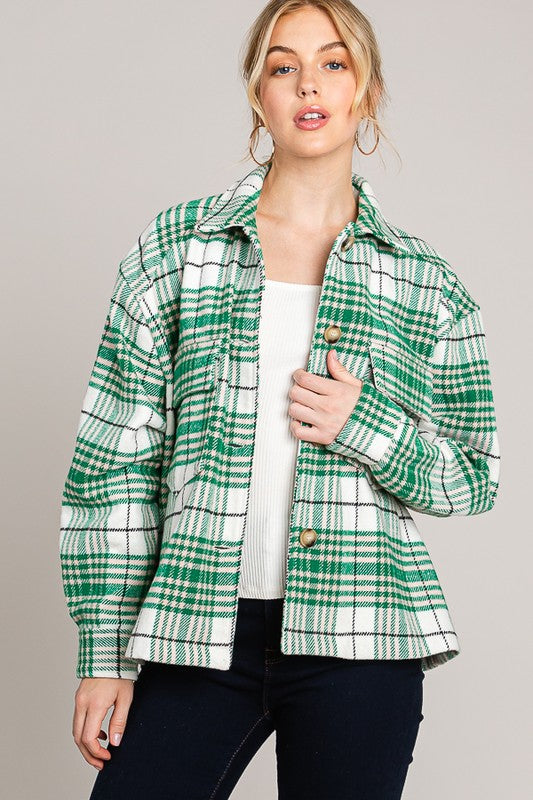 PINK FRIDAY Green Flannel Plaid Brush Shacket