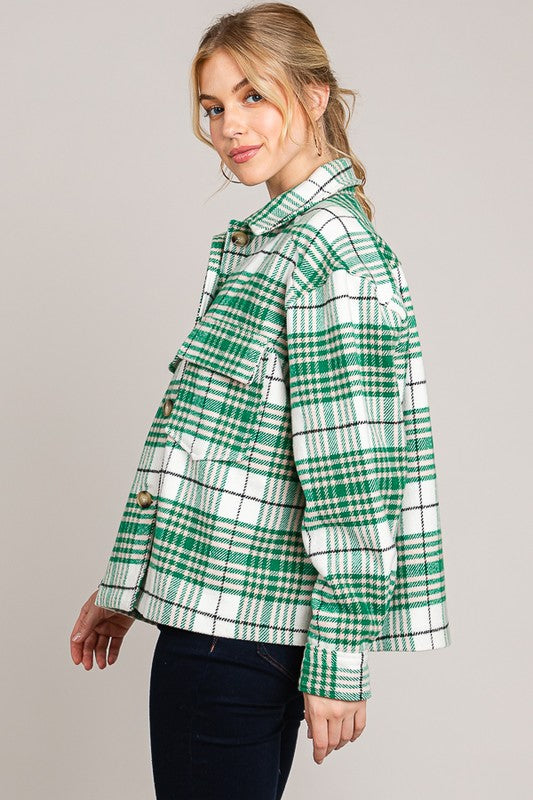 PINK FRIDAY Green Flannel Plaid Brush Shacket