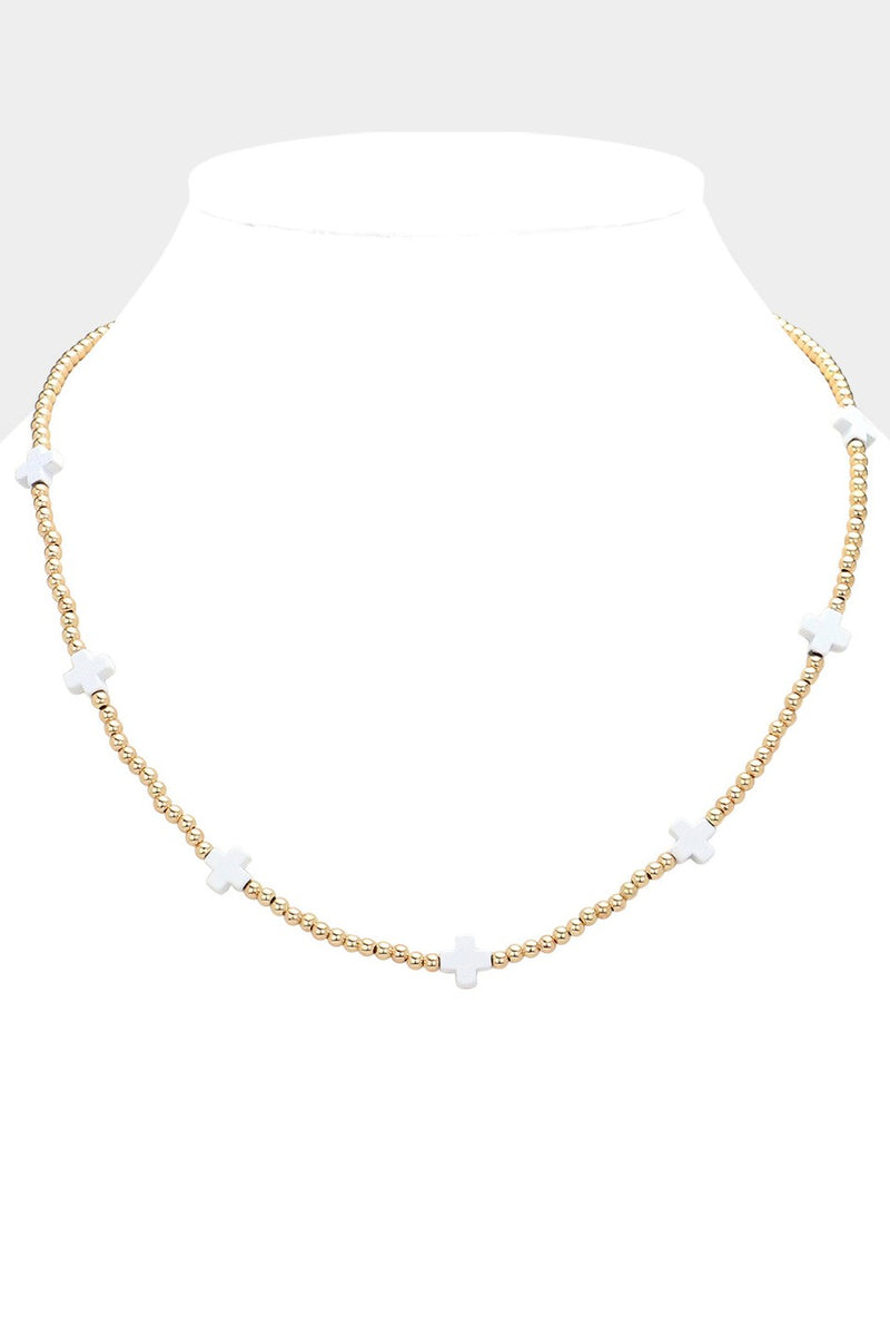 Cross Pointed White Metal Ball Beaded Necklace