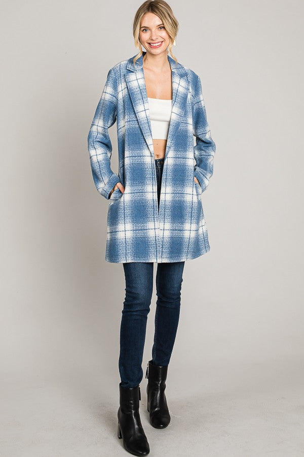 Blue Tartan Check Brush Oversized Coat