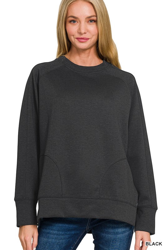 Black Scuba Round Neck Pullover With Side Slits