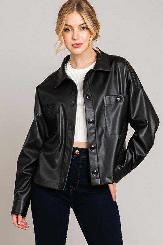 PINK FRIDAY Black Pleather Buttoned Shirt Pocket Shacket