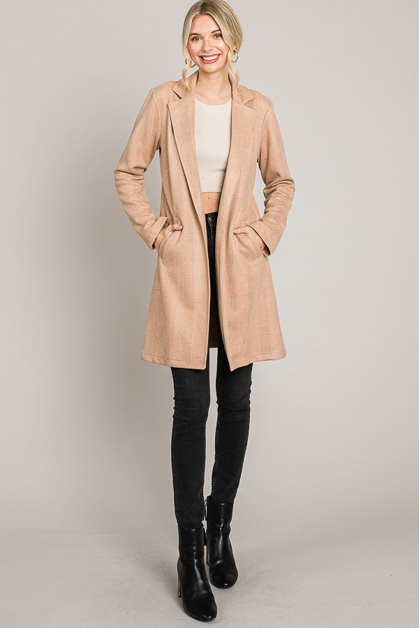 Camel Glen Check Suede Oversized Long Blazer Coat