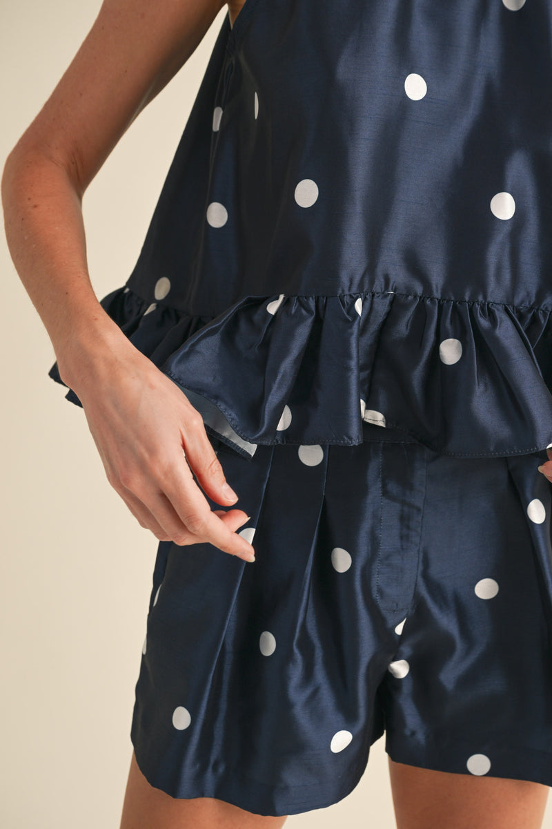 Mable POLKA DOT HI LOW RUFFLED HALTER TOP AND SHORTS SET