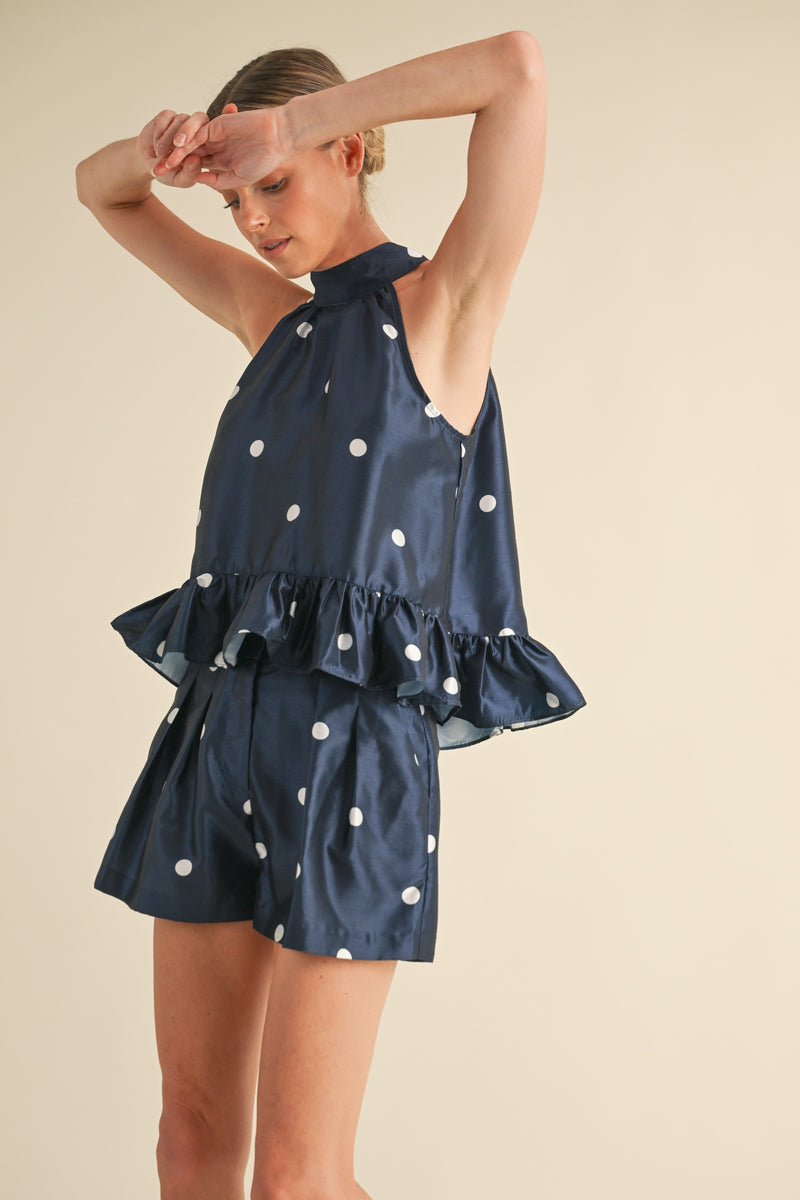 Mable POLKA DOT HI LOW RUFFLED HALTER TOP AND SHORTS SET