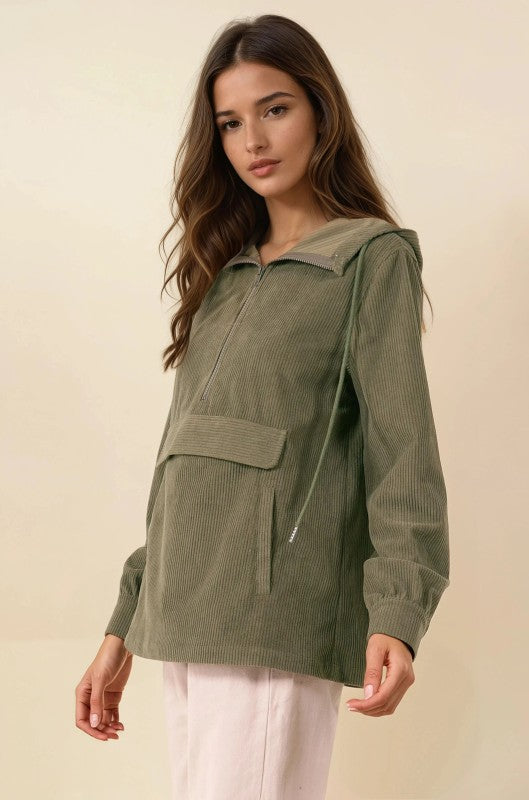 Olive Velour Half Zip Hooded Anorak W/ Patch Pocket