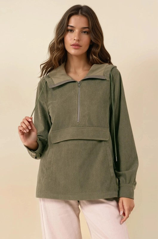 Olive Velour Half Zip Hooded Anorak W/ Patch Pocket