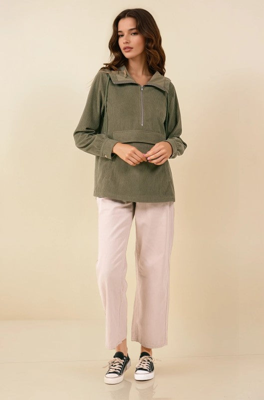 Olive Velour Half Zip Hooded Anorak W/ Patch Pocket