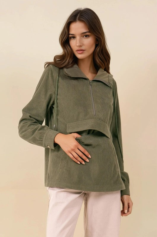 Olive Velour Half Zip Hooded Anorak W/ Patch Pocket