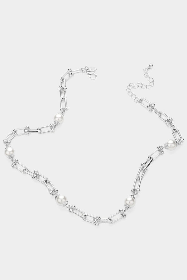 Pearl Pointed Hardware Silver Link Chain Necklace