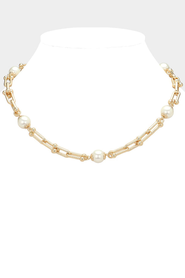 Pearl Pointed Hardware Gold Link Chain Necklace