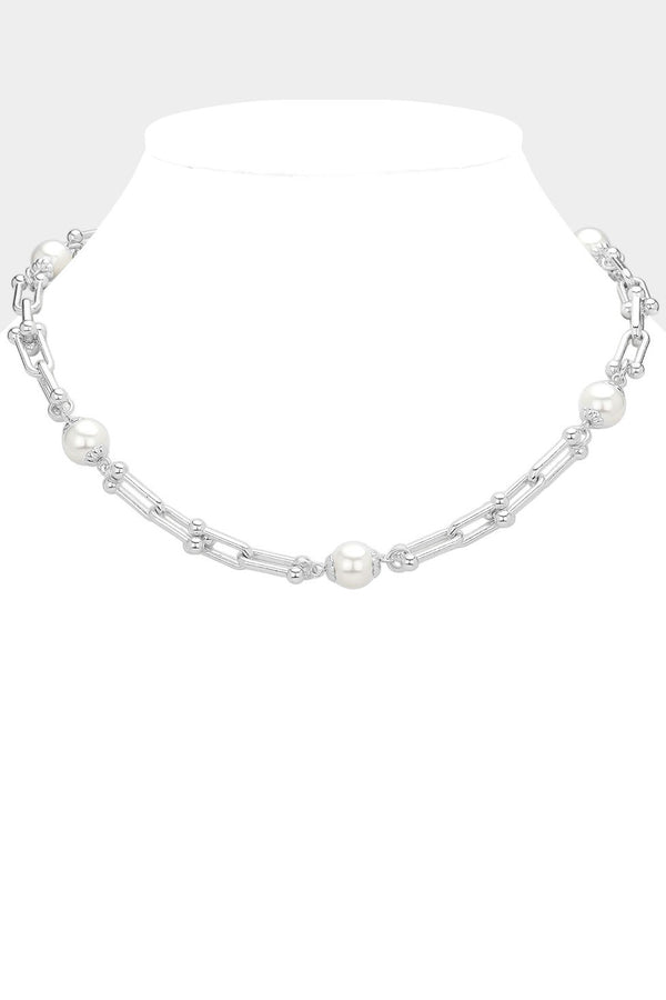 Pearl Pointed Hardware Silver Link Chain Necklace