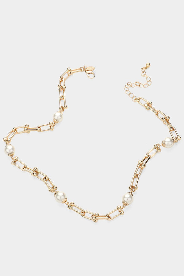 Pearl Pointed Hardware Gold Link Chain Necklace