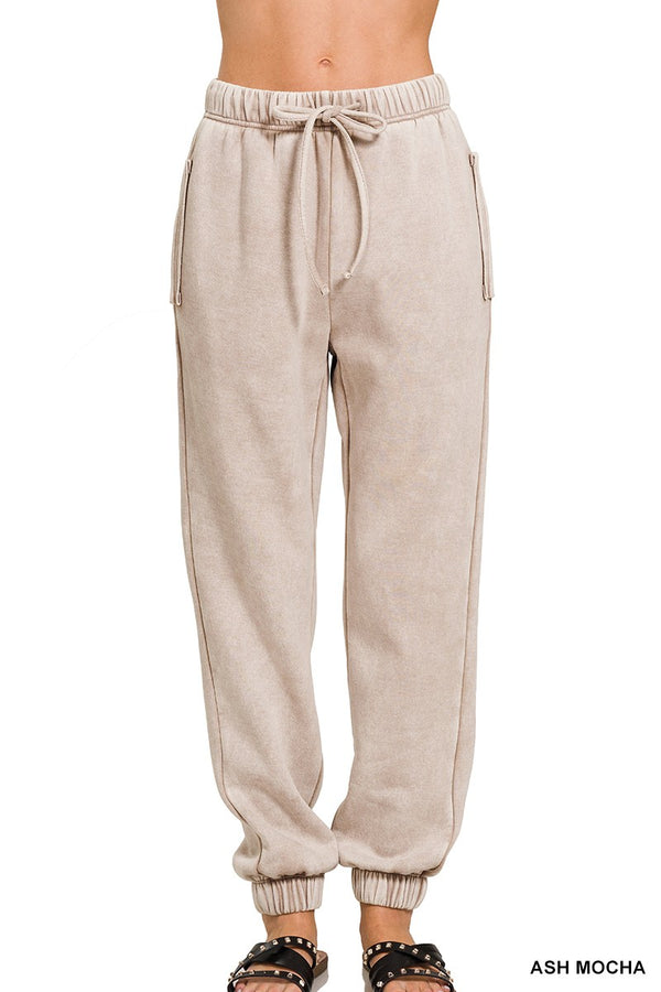 Ash Mocha Acid Wash Fleece Sweatpants With Pockets