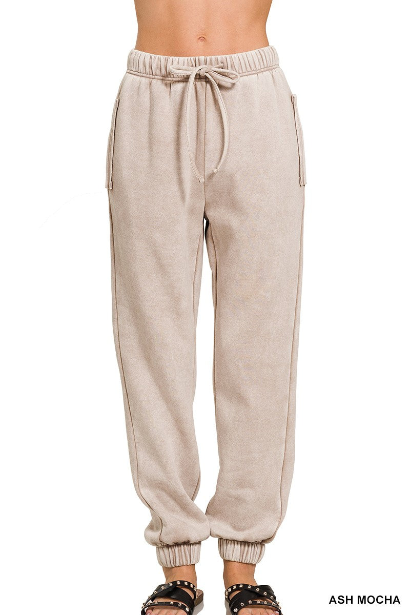 Ash Mocha Acid Wash Fleece Sweatpants With Pockets