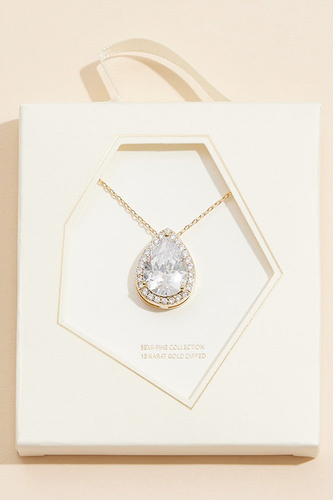 18K Gold Dipped Silver Teardrop Pave Pendant Necklace
