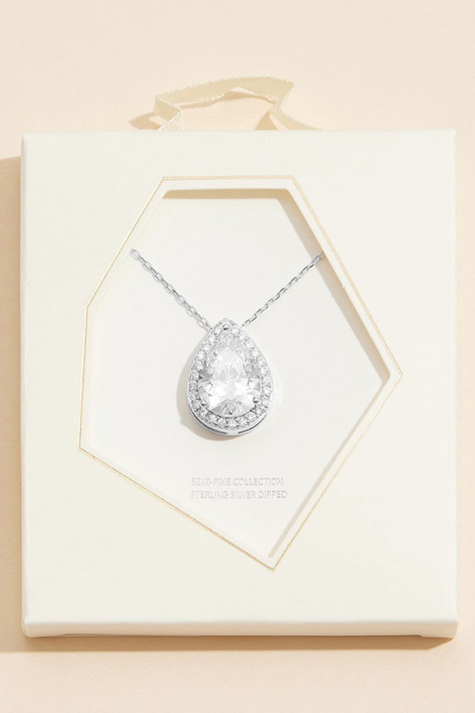 18K Gold Dipped Silver Teardrop Pave Pendant Necklace