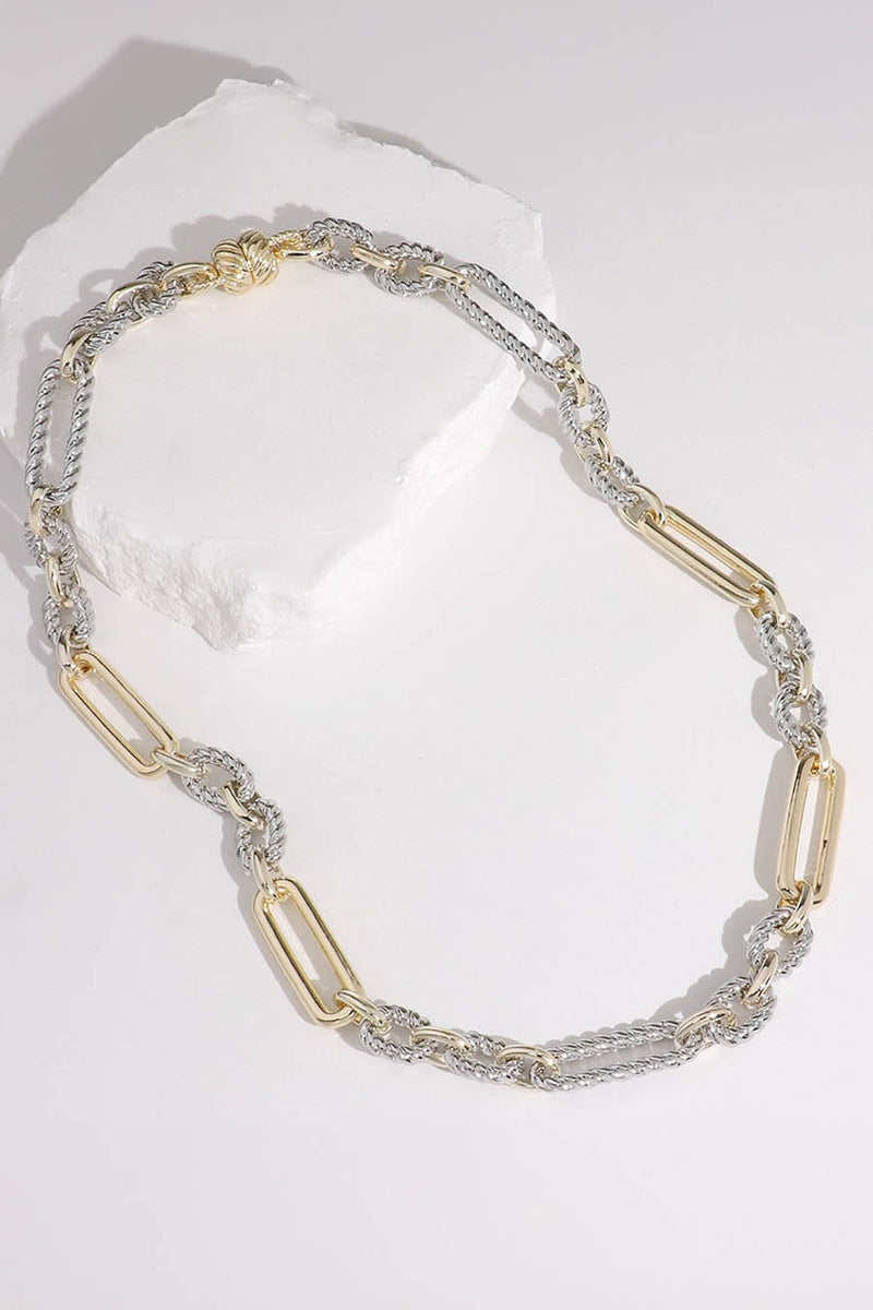 14K Gold Plated Two Tone Textured Oval Chain Magnetic Necklace