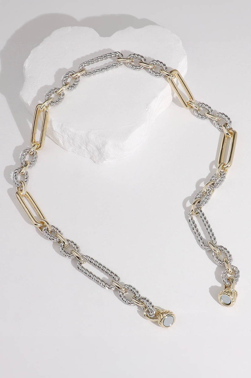 14K Gold Plated Two Tone Textured Oval Chain Magnetic Necklace