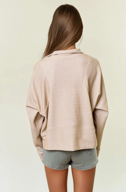 Sand Stripe Textured Half Zip-up Long Sleeve Sweatshirt