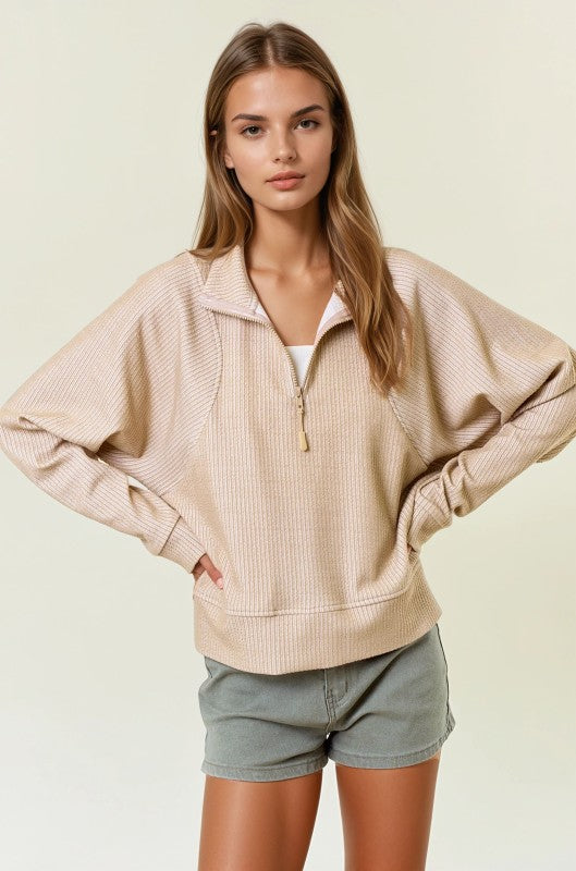 Sand Stripe Textured Half Zip-up Long Sleeve Sweatshirt