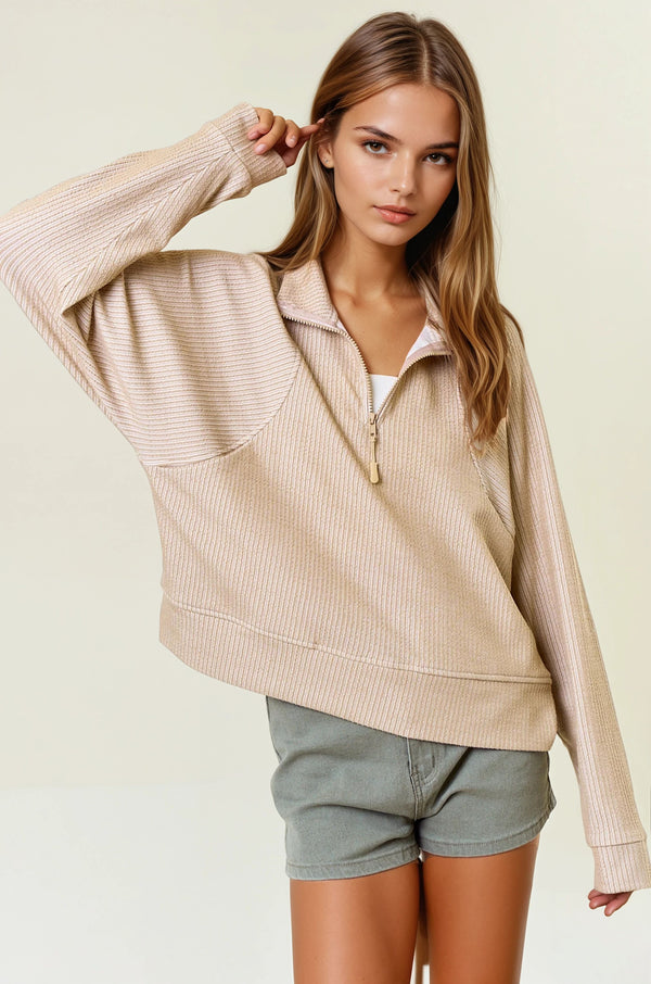 Sand Stripe Textured Half Zip-up Long Sleeve Sweatshirt