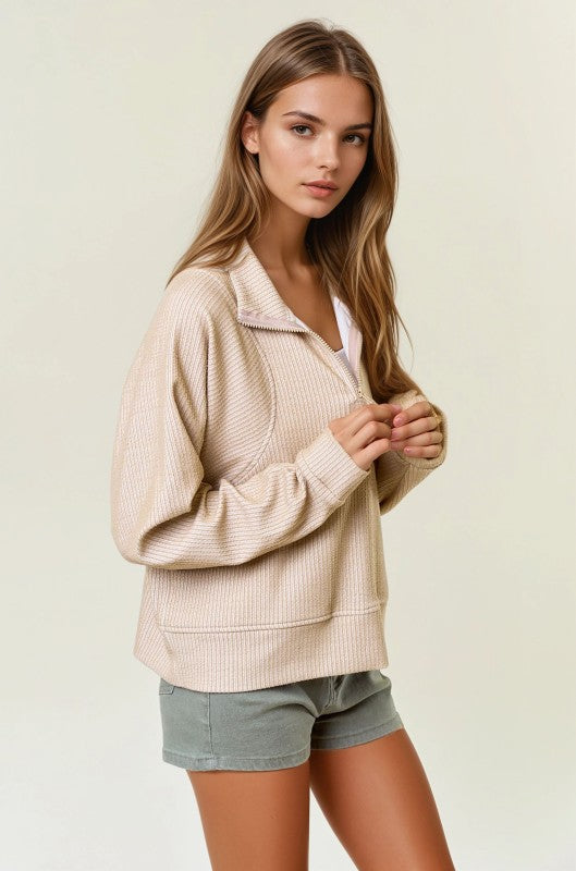 Sand Stripe Textured Half Zip-up Long Sleeve Sweatshirt
