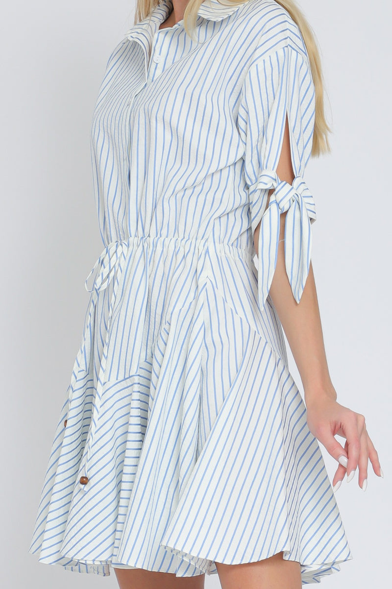 White And Blue 3/4SLEEVE BUTTON DOWN TIE FRONT WAISTED DRESS
