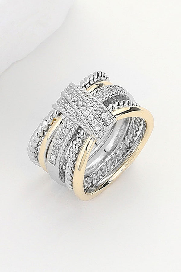 Two Tone CZ Stone Paved Crossover Ring
