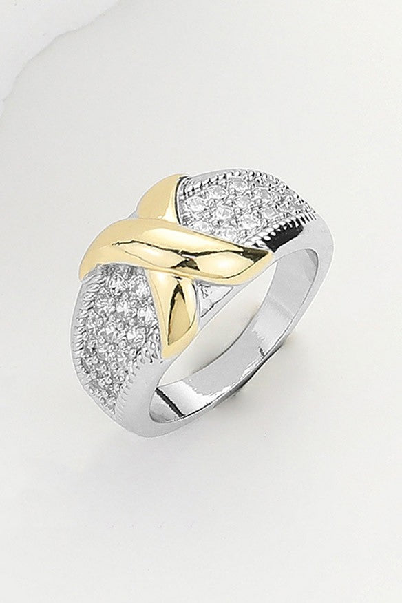 Two Tone Crisscross CZ Stone Paved Ring
