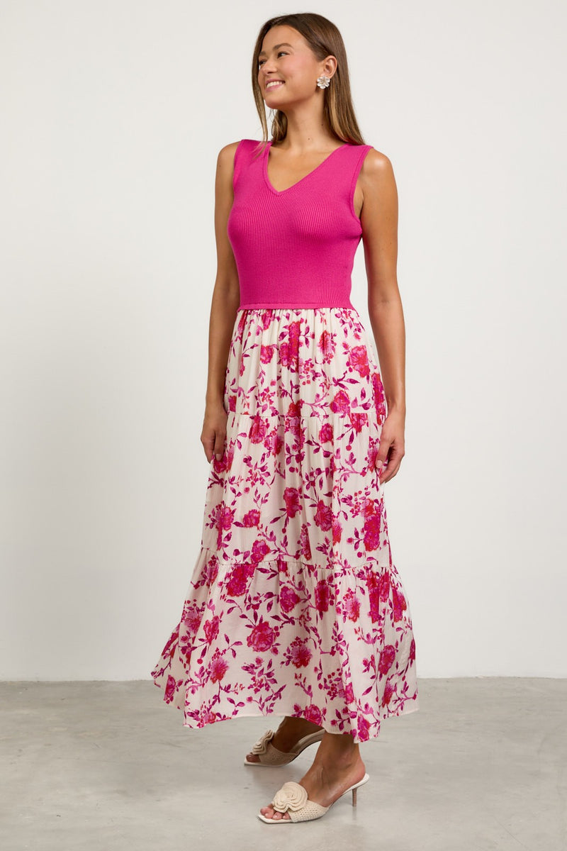 Fuchsia Print Sleeveless V-Neck Mixed Media Long Dress