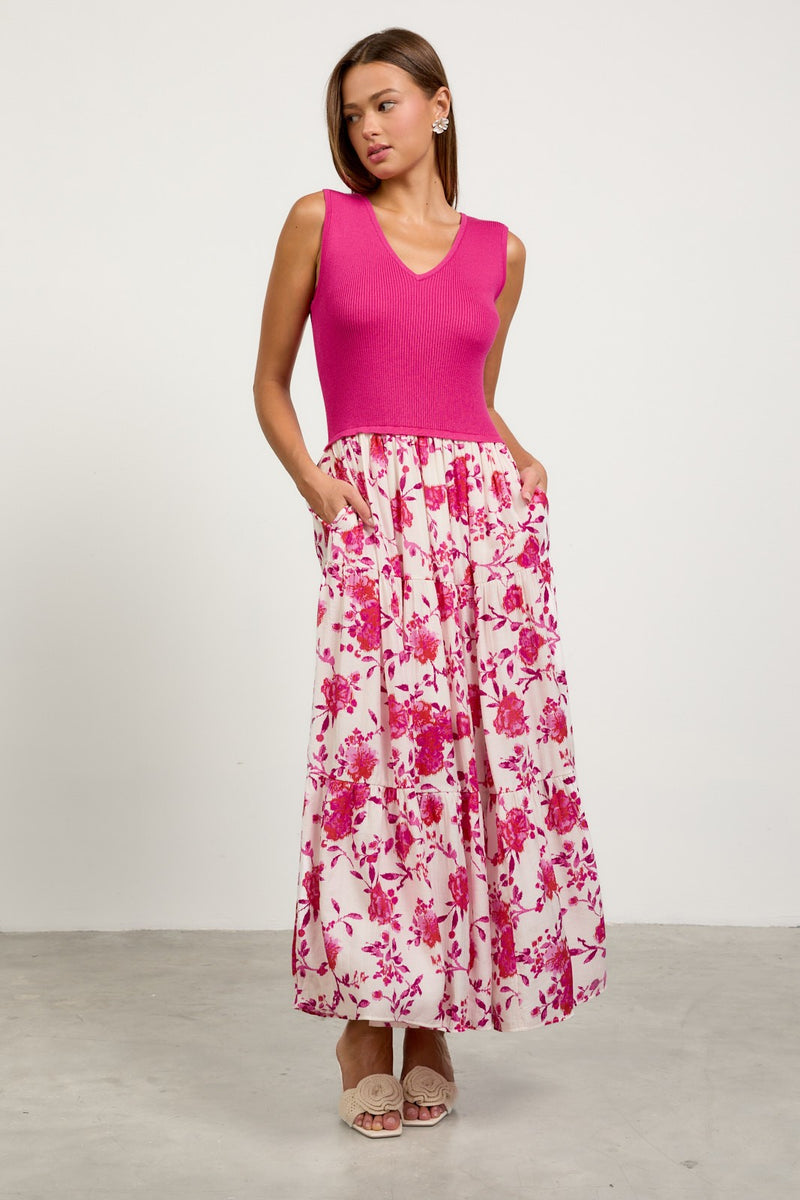 Fuchsia Print Sleeveless V-Neck Mixed Media Long Dress