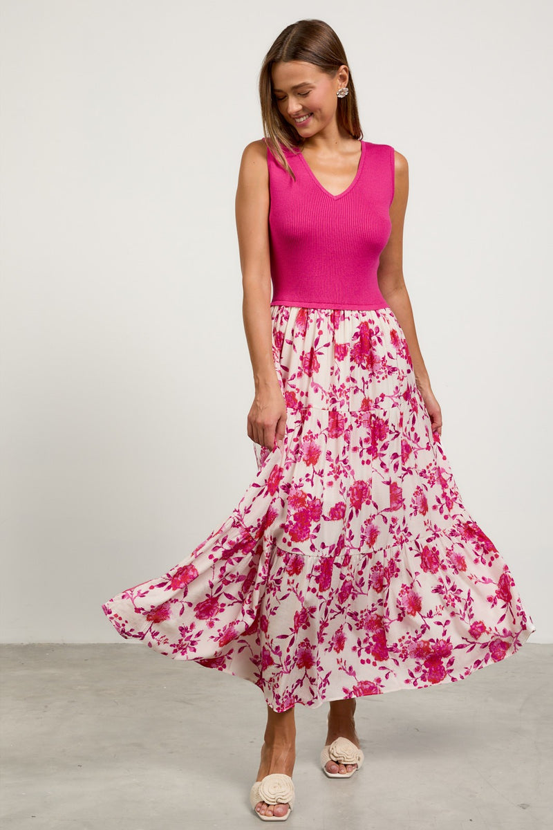 Fuchsia Print Sleeveless V-Neck Mixed Media Long Dress