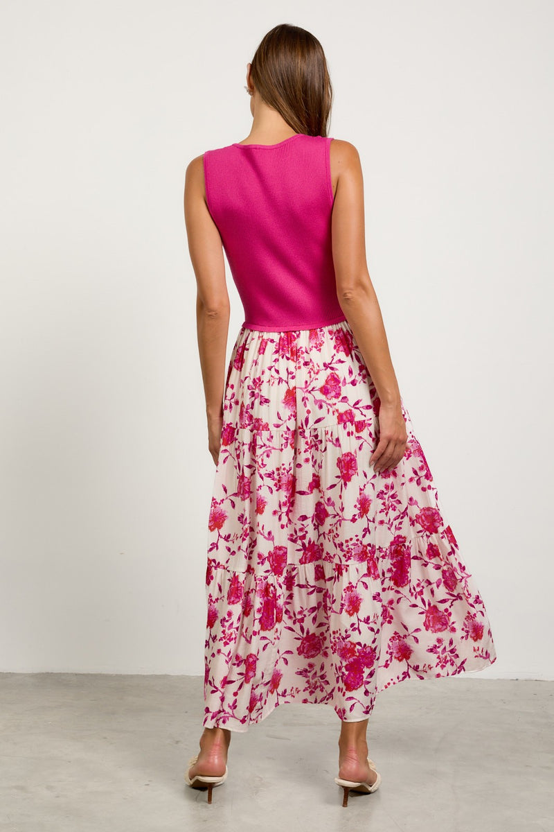 Fuchsia Print Sleeveless V-Neck Mixed Media Long Dress