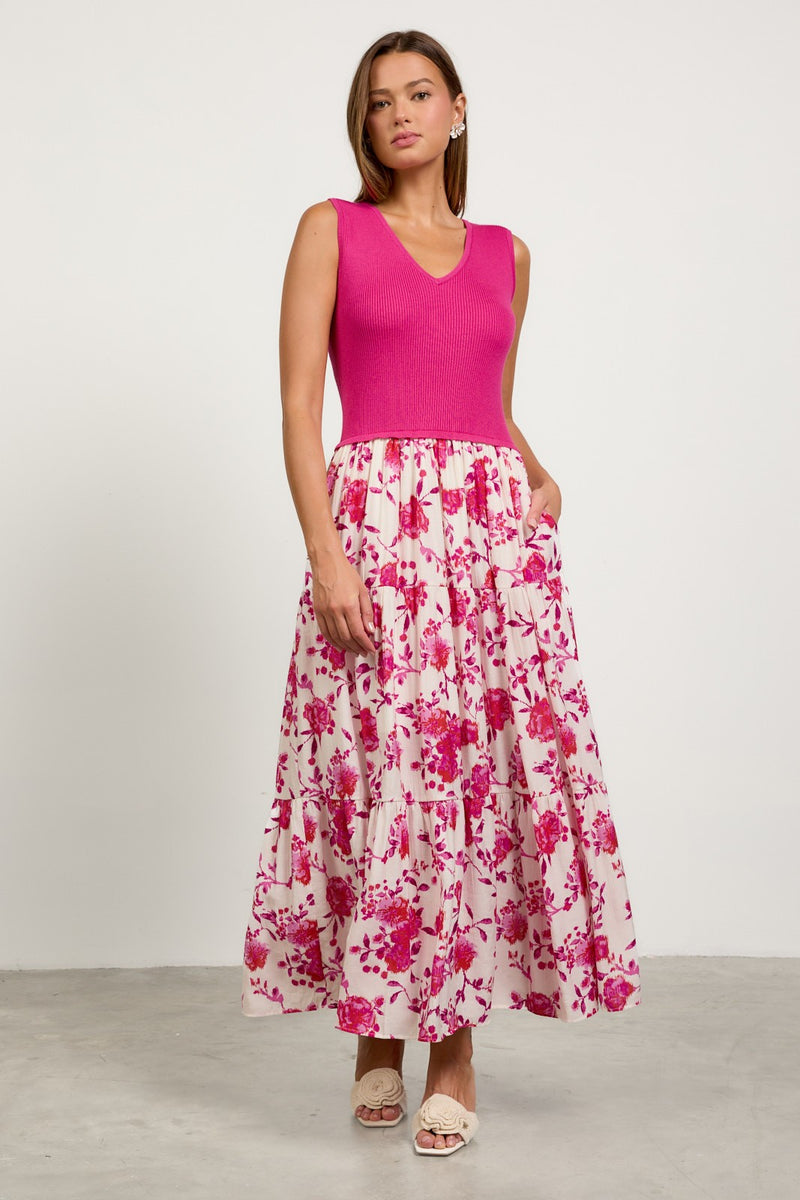 Fuchsia Print Sleeveless V-Neck Mixed Media Long Dress
