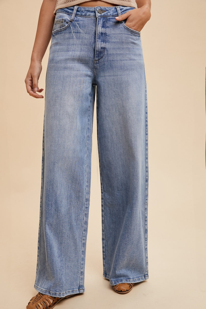 Stella Rae's Best Light Denim Comfort Stretch High Rise Wide Leg Jean