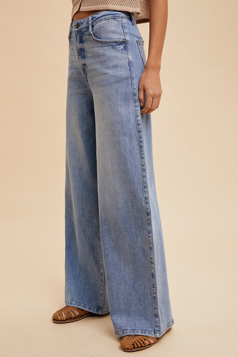 Stella Rae's Best Light Denim Comfort Stretch High Rise Wide Leg Jean