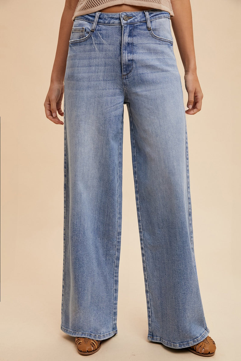 Stella Rae's Best Light Denim Comfort Stretch High Rise Wide Leg Jean