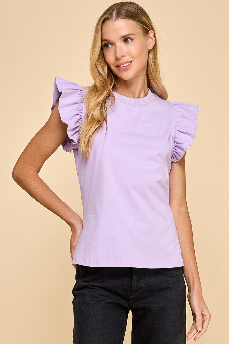 Lavender Poplin Ruffle Sleeve Top
