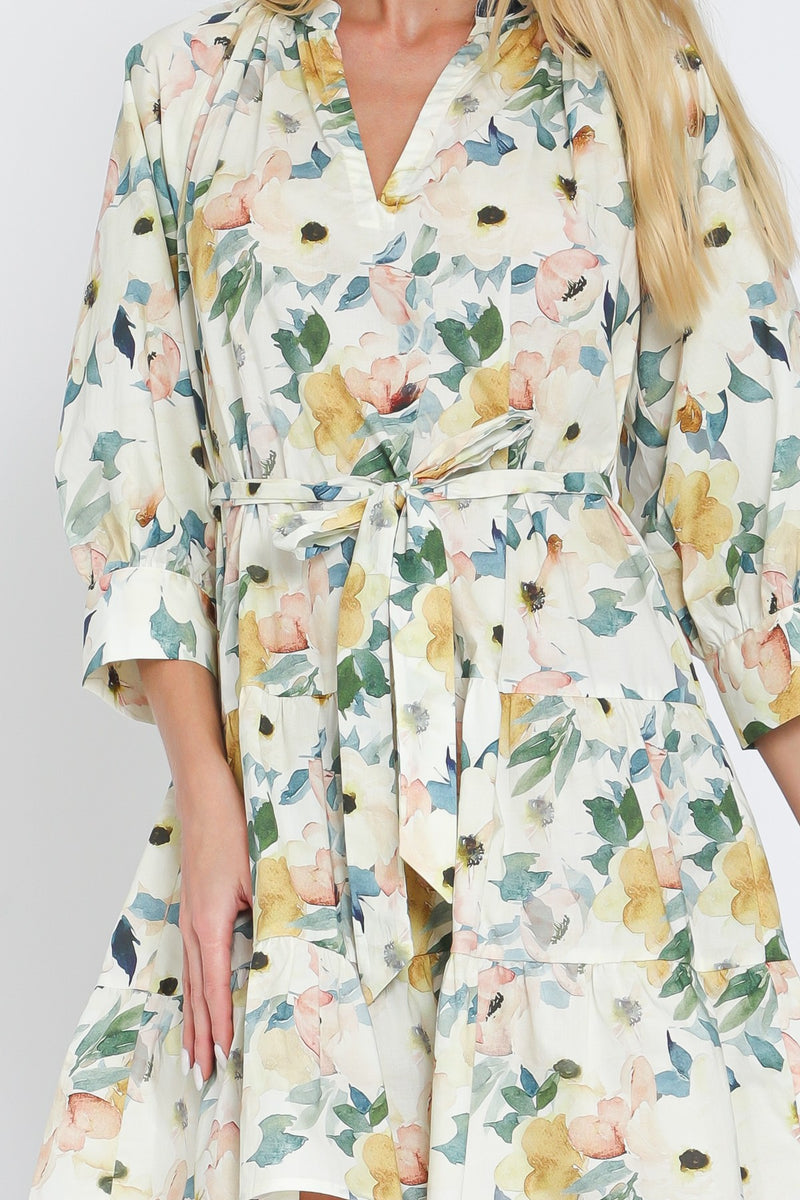 3/4 SLEEVE BELTED TIERED MINI DRESS